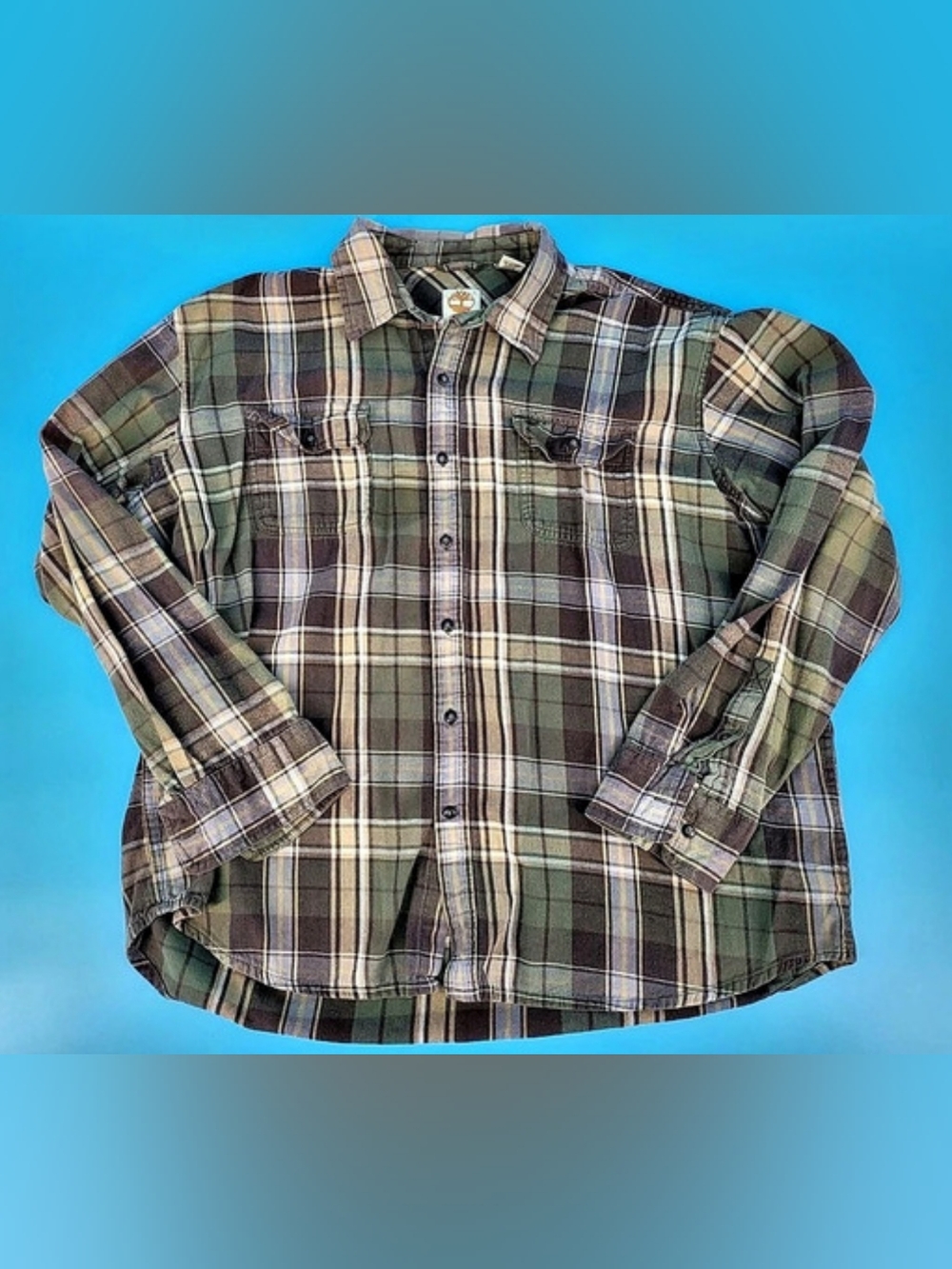 Timberland Plaid Cotton Button Down in Green & Brown 2XL